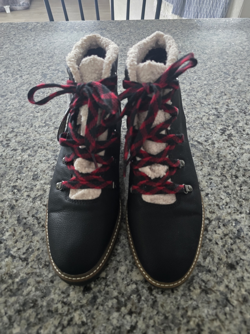 Dr. Scholl's Black Faux-Shearling Lace-Up Ankle Boots w/ Red Plaid Laces NWT